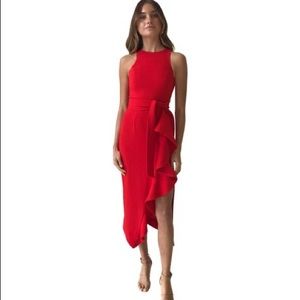 Shona Joy Red Midi Dress with ruffle slit
